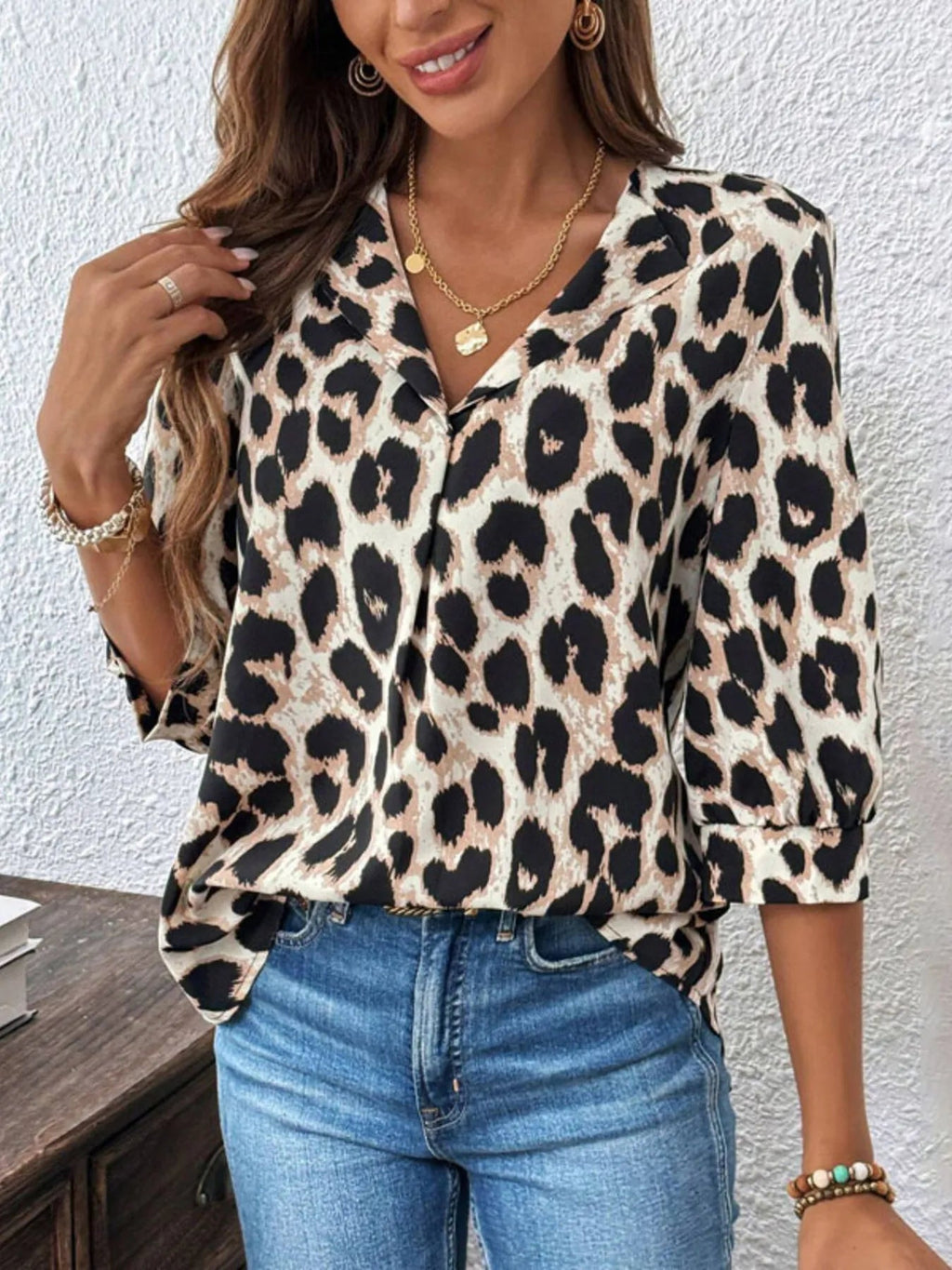Crowned Energy CO. Apricot / S Trendsi Tops/Blouses & Shirts Leopard Print 3/4 Sleeve Blouse