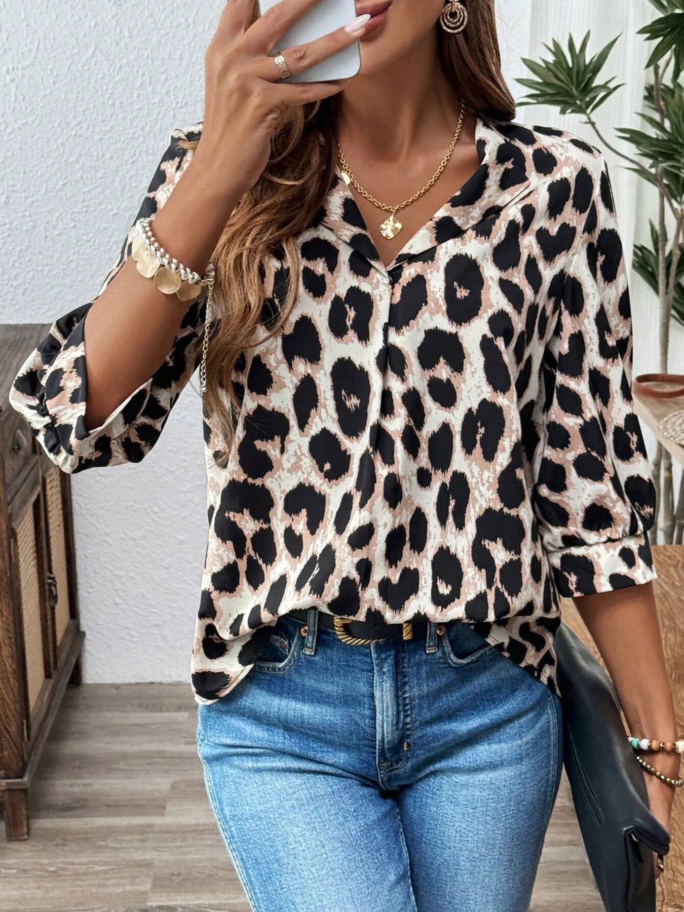 Crowned Energy CO. Apricot / S Trendsi Tops/Blouses & Shirts Leopard Print 3/4 Sleeve Blouse