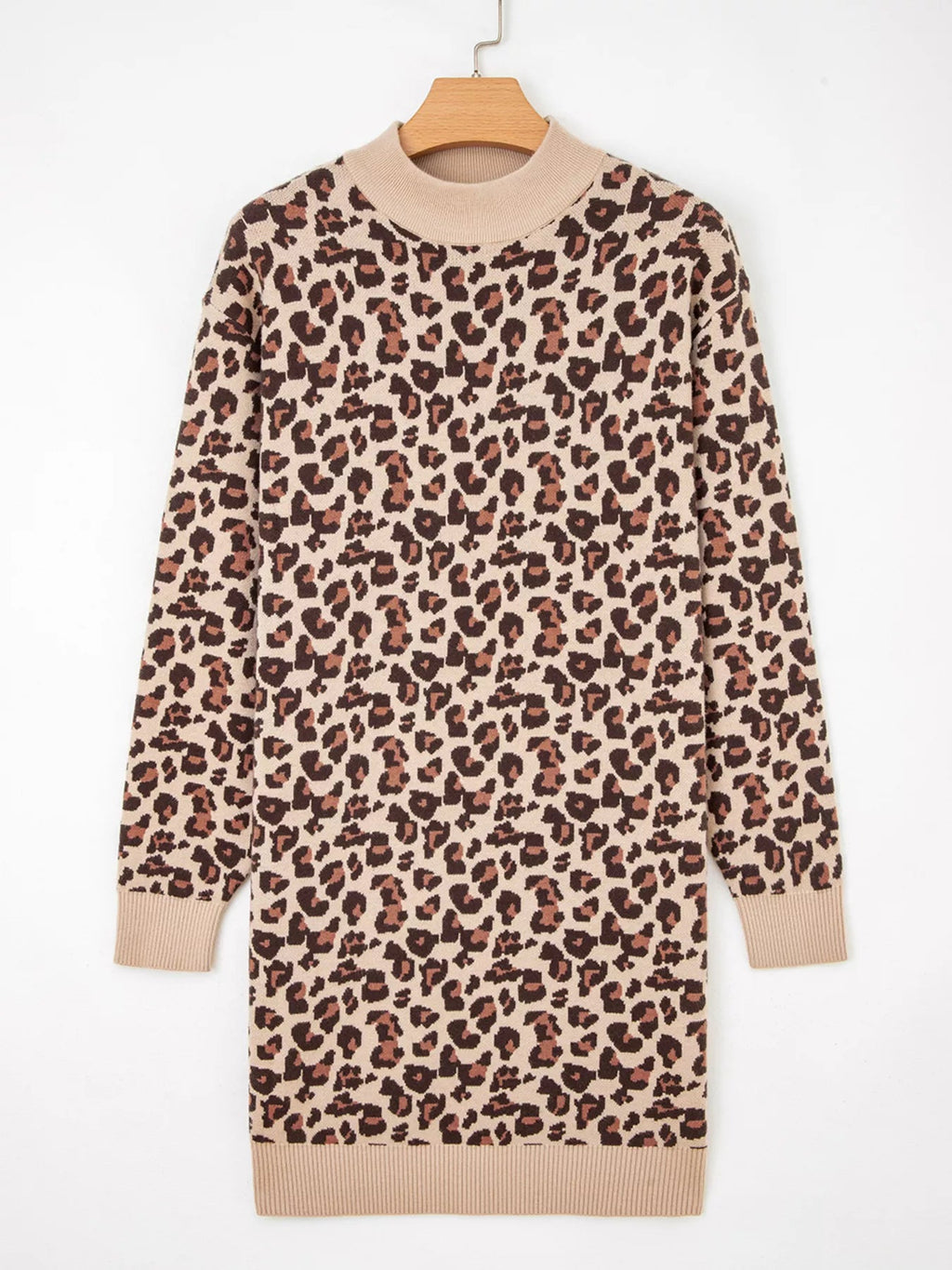 Leopard Print High Neck Shift Mini Sweater Dress - Crowned Energy CO.