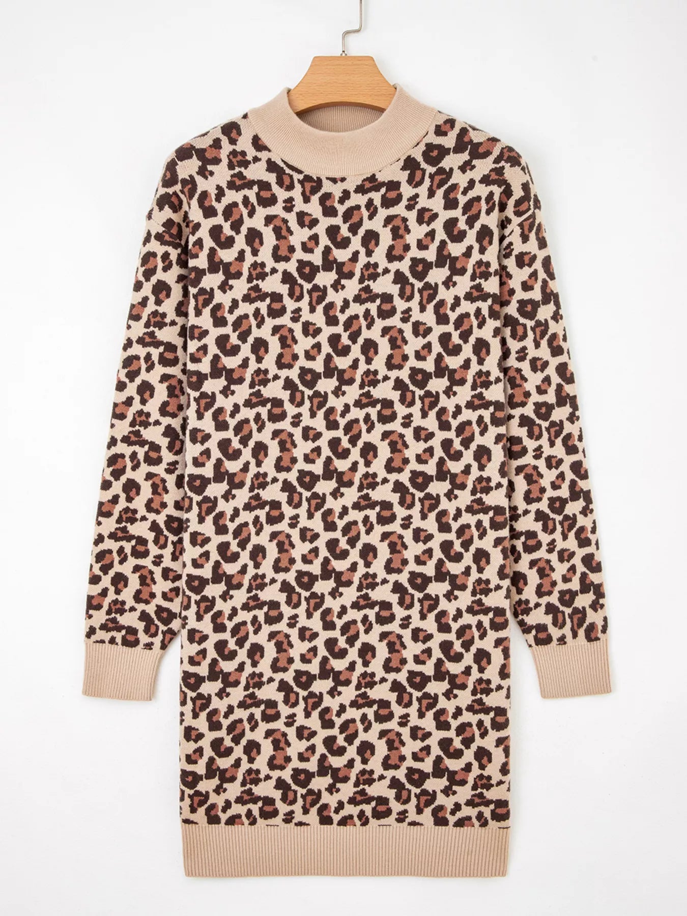 Leopard Print High Neck Shift Mini Sweater Dress - Crowned Energy CO.