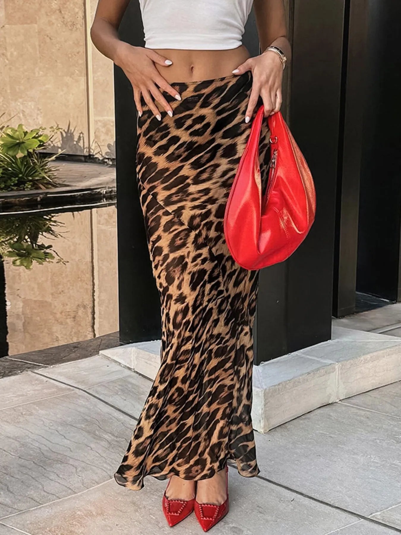 Leopard Print High Waist Flare Maxi Skirt - Crowned Energy CO.