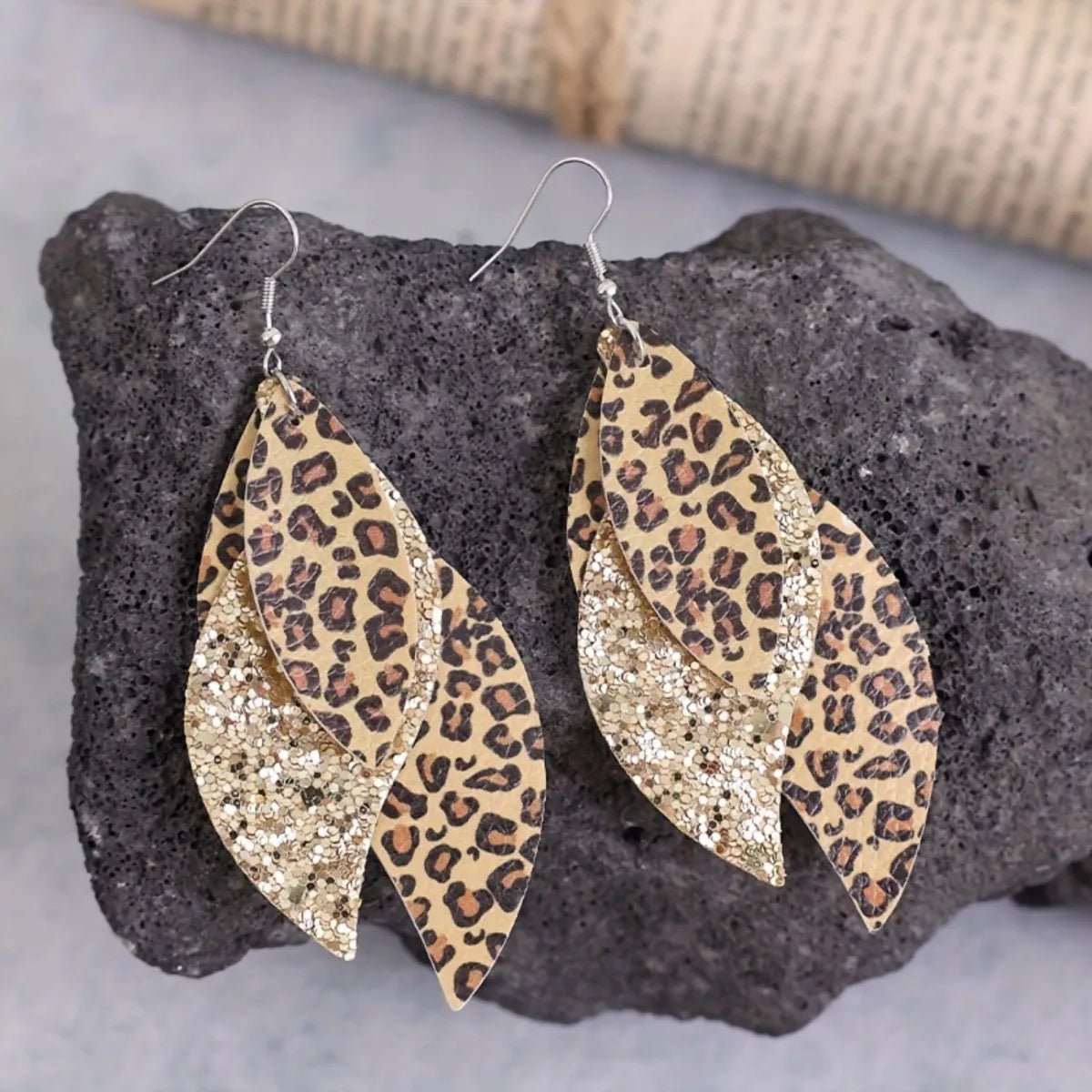 Crowned Energy CO. Gold / One Size Trendsi Earrings Leopard Print Leather Leaf Drop Earrings