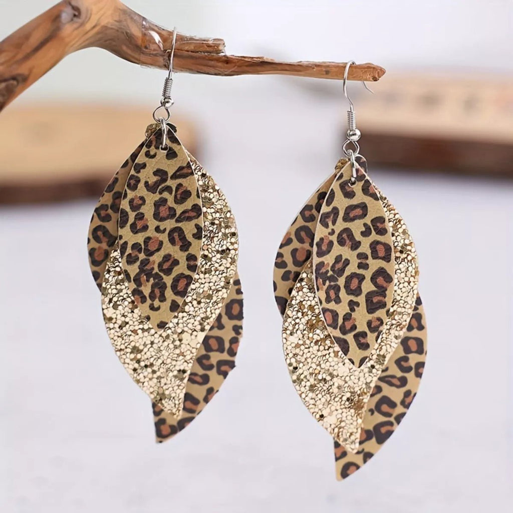 Crowned Energy CO. Gold / One Size Trendsi Earrings Leopard Print Leather Leaf Drop Earrings