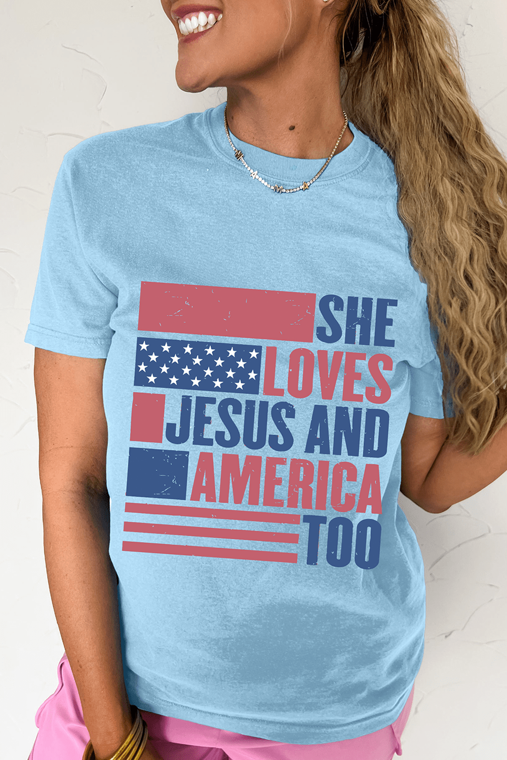 Light Blue SHE LOVES JESUS AND AMERICA TOO Flag Graphic T Shirt - Crowned Energy CO.