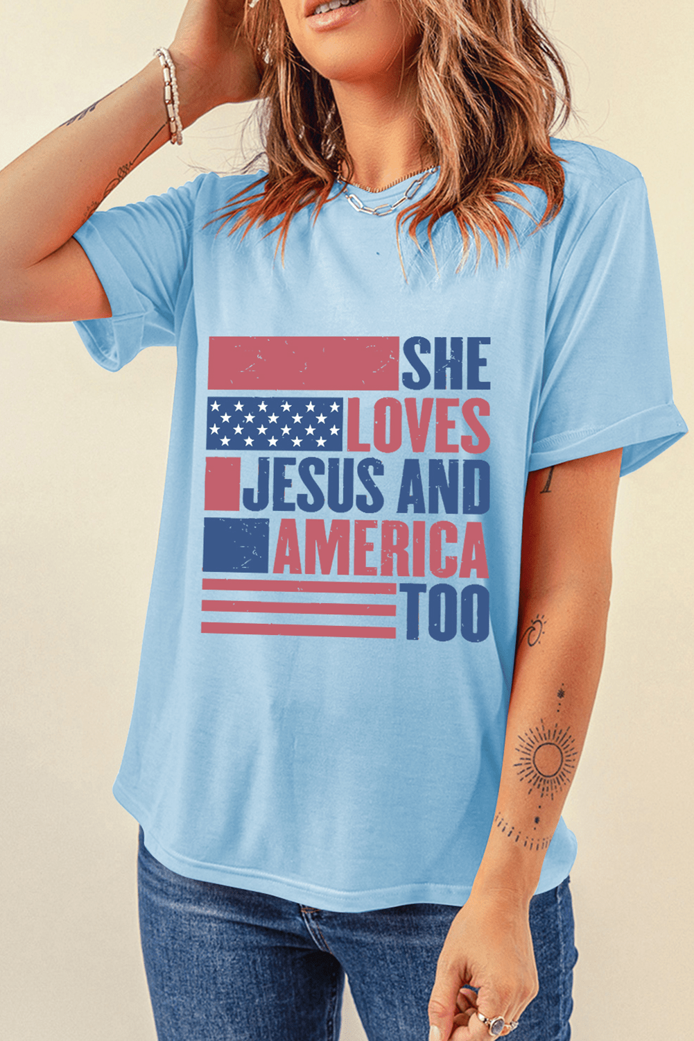 Light Blue SHE LOVES JESUS AND AMERICA TOO Flag Graphic T Shirt - Crowned Energy CO.
