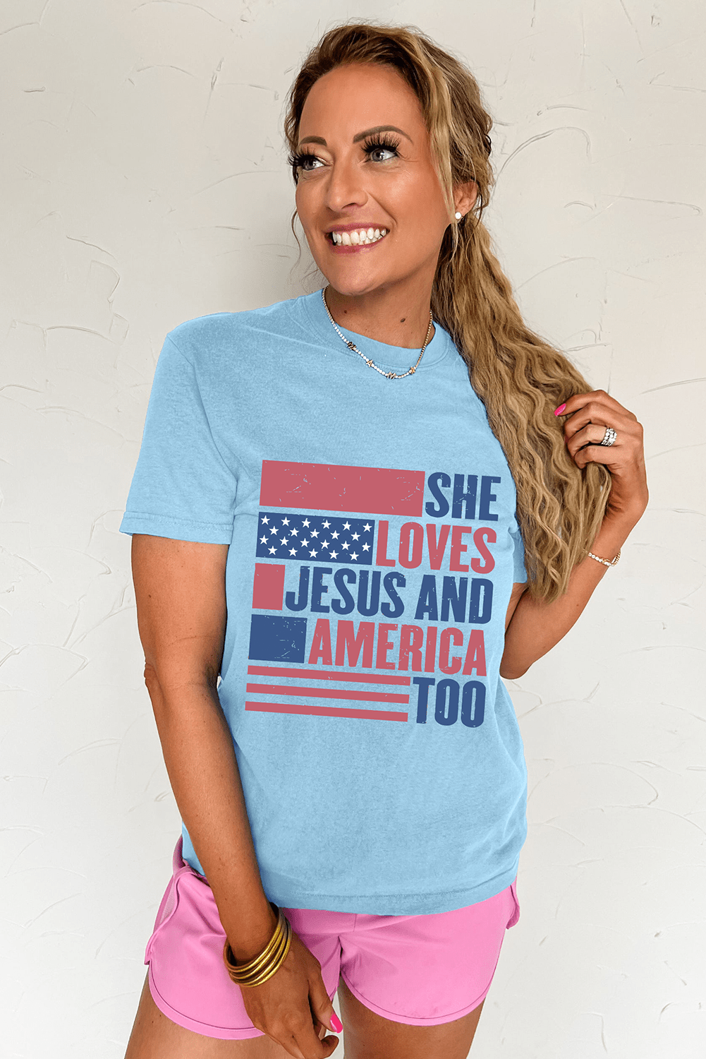 Light Blue SHE LOVES JESUS AND AMERICA TOO Flag Graphic T Shirt - Crowned Energy CO.
