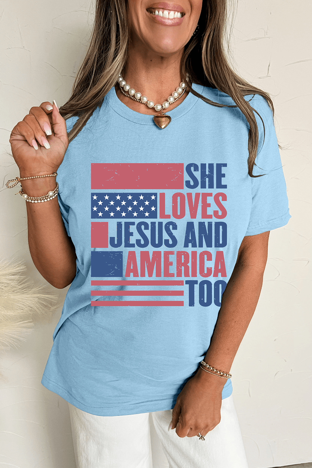 Light Blue SHE LOVES JESUS AND AMERICA TOO Flag Graphic T Shirt - Crowned Energy CO.