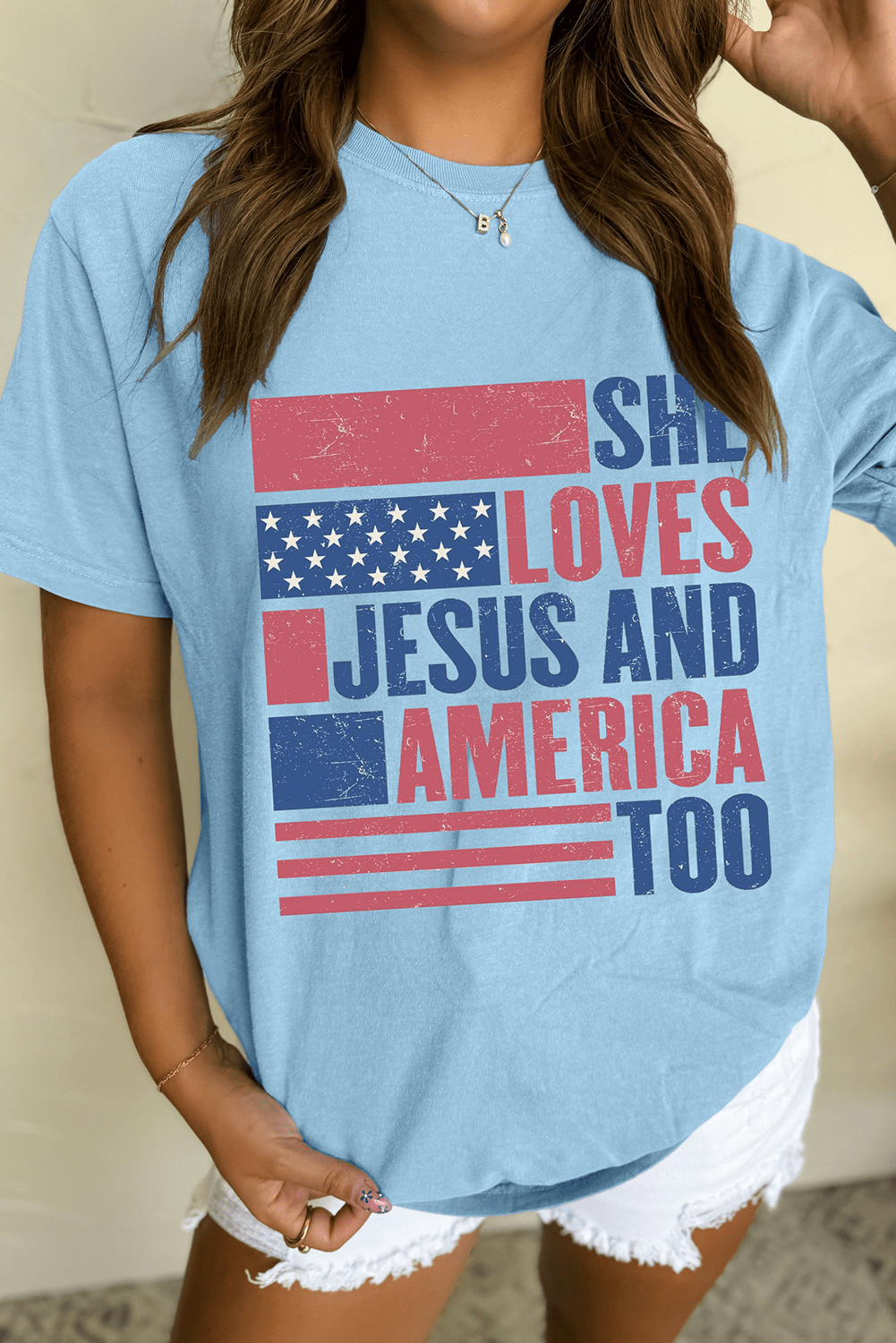 Light Blue SHE LOVES JESUS AND AMERICA TOO Flag Graphic T Shirt - Crowned Energy CO.