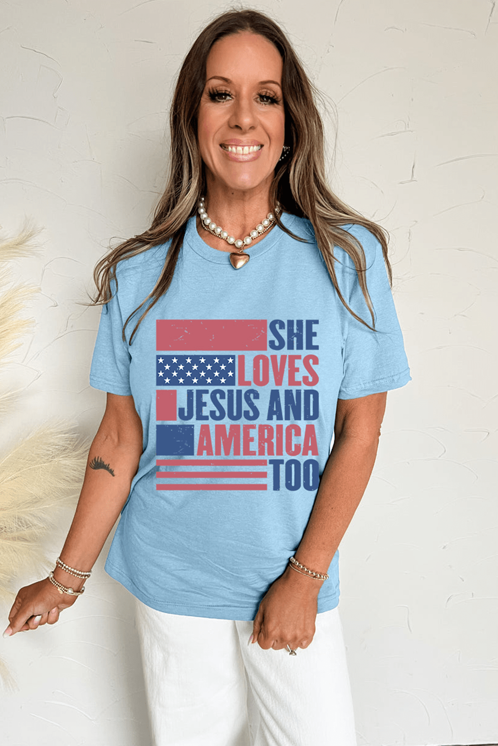 Light Blue SHE LOVES JESUS AND AMERICA TOO Flag Graphic T Shirt - Crowned Energy CO.