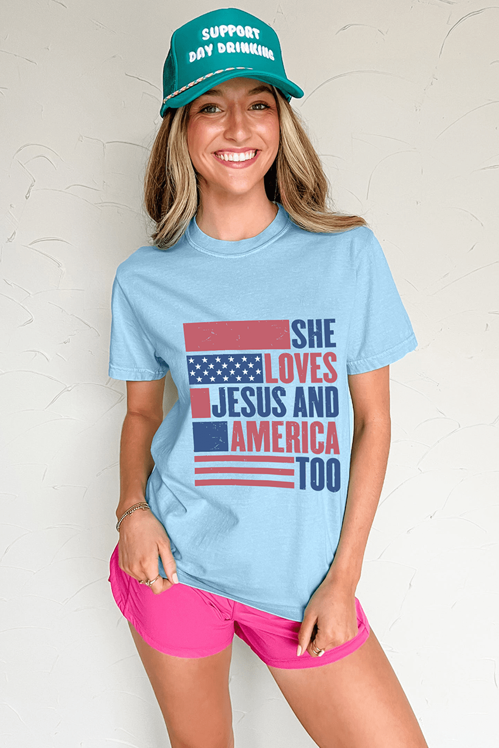 Light Blue SHE LOVES JESUS AND AMERICA TOO Flag Graphic T Shirt - Crowned Energy CO.