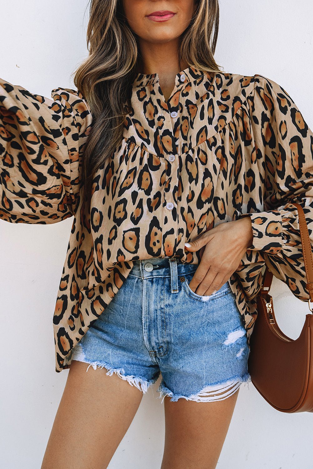 Crowned Energy CO. Light French Beige / S / 100%Polyester Dear-Lover Dropshipping Tops/Blouses & Shirts Light French Beige Oversized Leopard Print Balloon Sleeve Casual Shirt