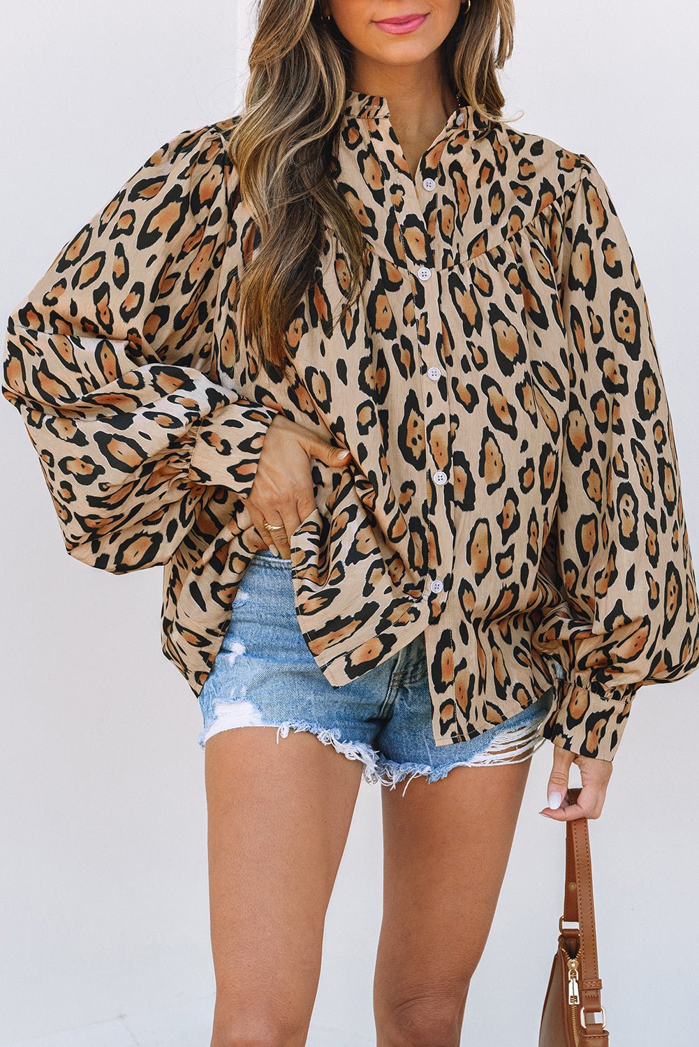 Crowned Energy CO. Light French Beige / S / 100%Polyester Dear-Lover Dropshipping Tops/Blouses & Shirts Light French Beige Oversized Leopard Print Balloon Sleeve Casual Shirt