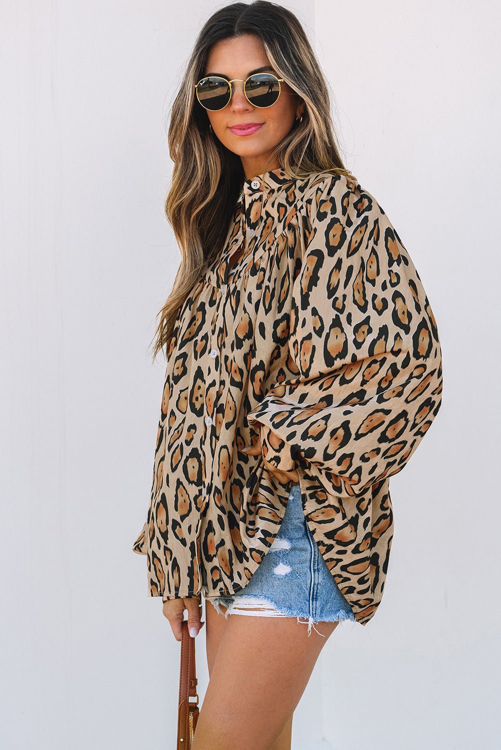 Crowned Energy CO. Light French Beige / S / 100%Polyester Dear-Lover Dropshipping Tops/Blouses & Shirts Light French Beige Oversized Leopard Print Balloon Sleeve Casual Shirt