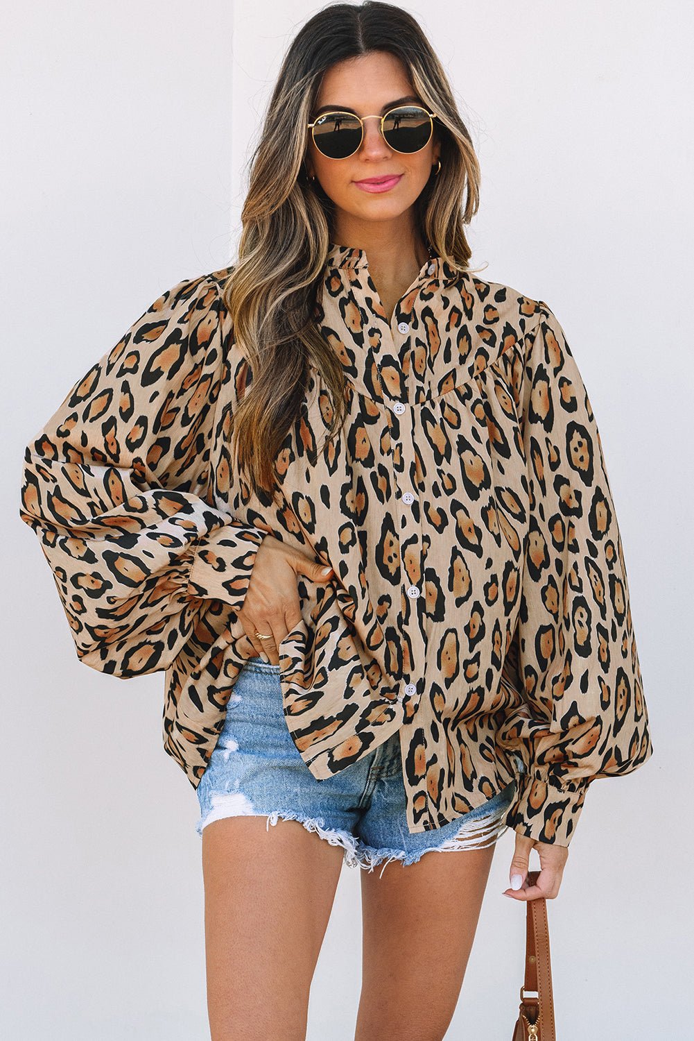 Crowned Energy CO. Light French Beige / S / 100%Polyester Dear-Lover Dropshipping Tops/Blouses & Shirts Light French Beige Oversized Leopard Print Balloon Sleeve Casual Shirt
