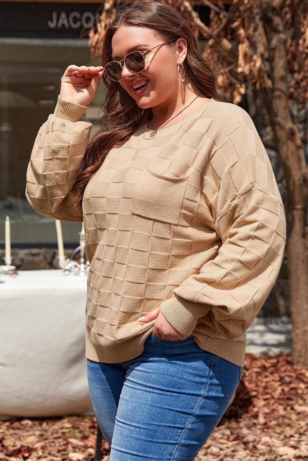 Crowned Energy CO. Light French Beige / 1X / 50%Viscose+28%Polyester+22%Polyamide Dear-Lover Dropshipping Plus Size/Plus Size Sweaters & Cardigans Light French Beige Solid Checkered Textured Knit Plus Size Sweater