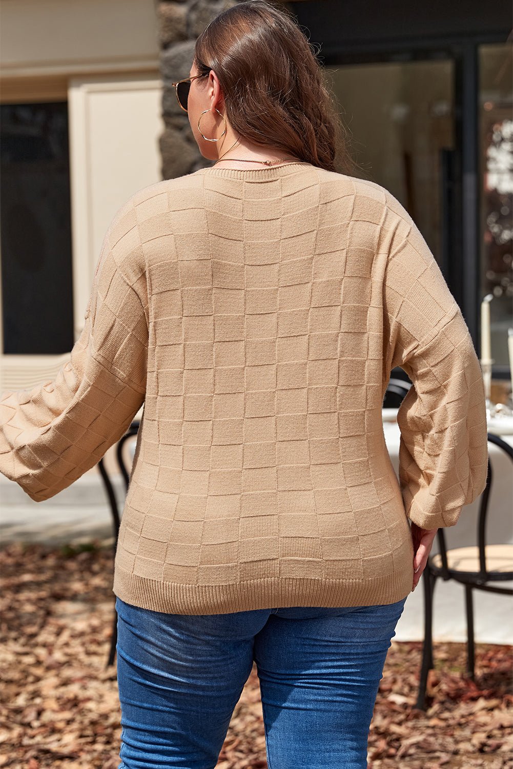 Crowned Energy CO. Light French Beige / 1X / 50%Viscose+28%Polyester+22%Polyamide Dear-Lover Dropshipping Plus Size/Plus Size Sweaters & Cardigans Light French Beige Solid Checkered Textured Knit Plus Size Sweater