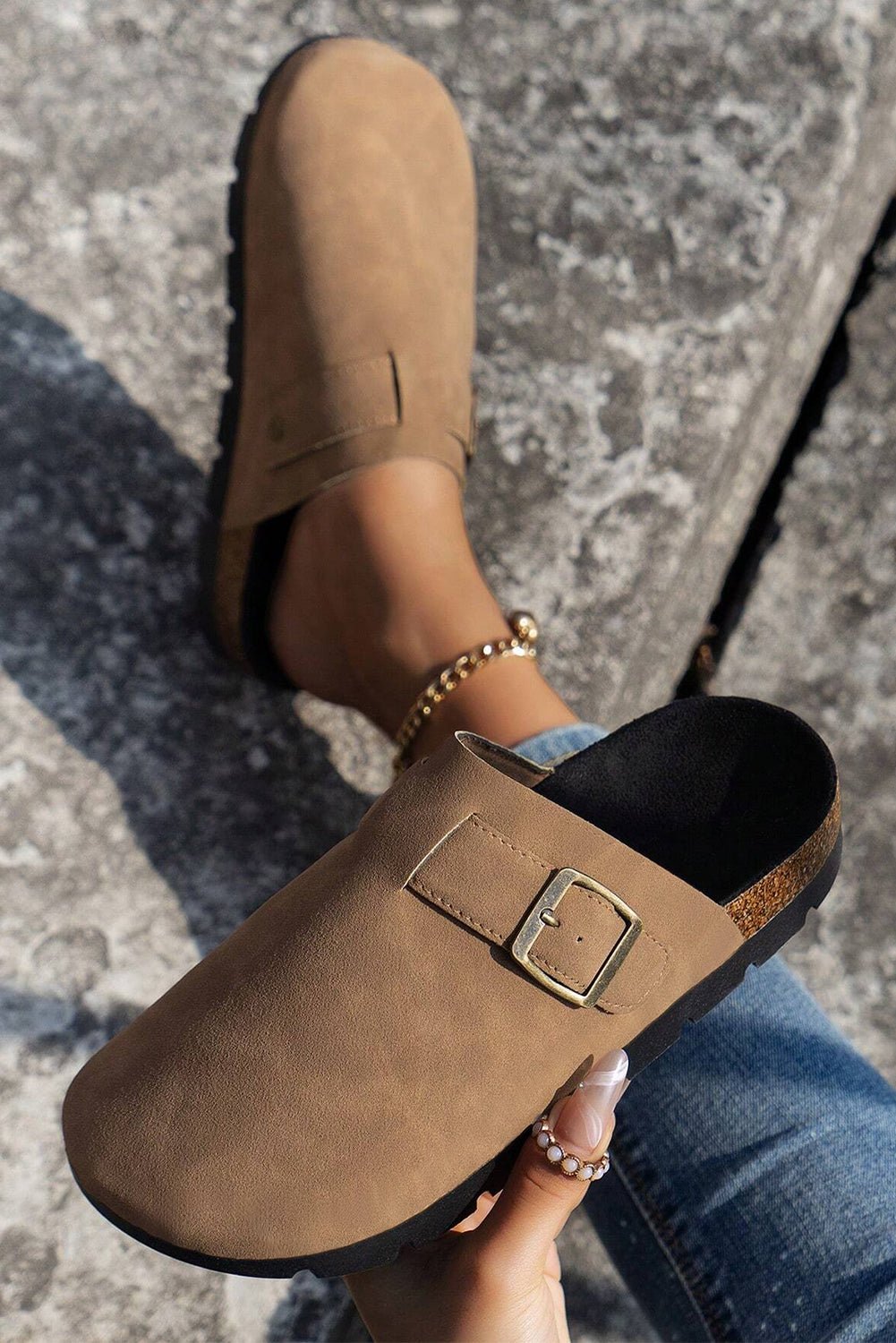 Light French Beige Suede Buckle Detail Slippers - Crowned Energy CO.