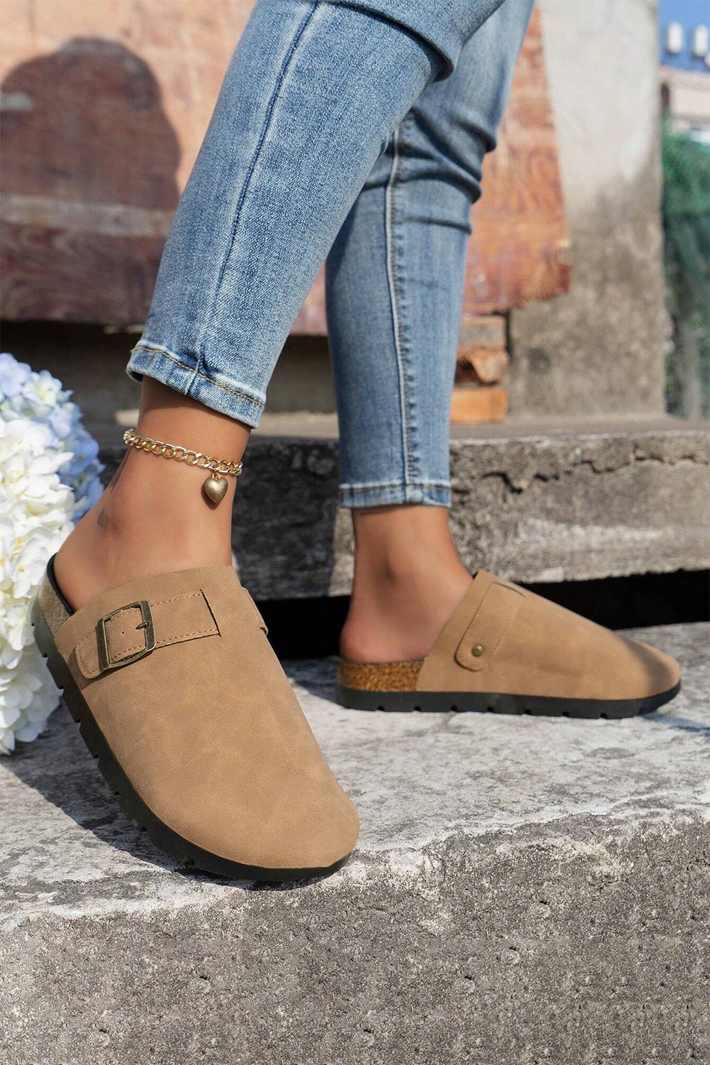 Light French Beige Suede Buckle Detail Slippers - Crowned Energy CO.