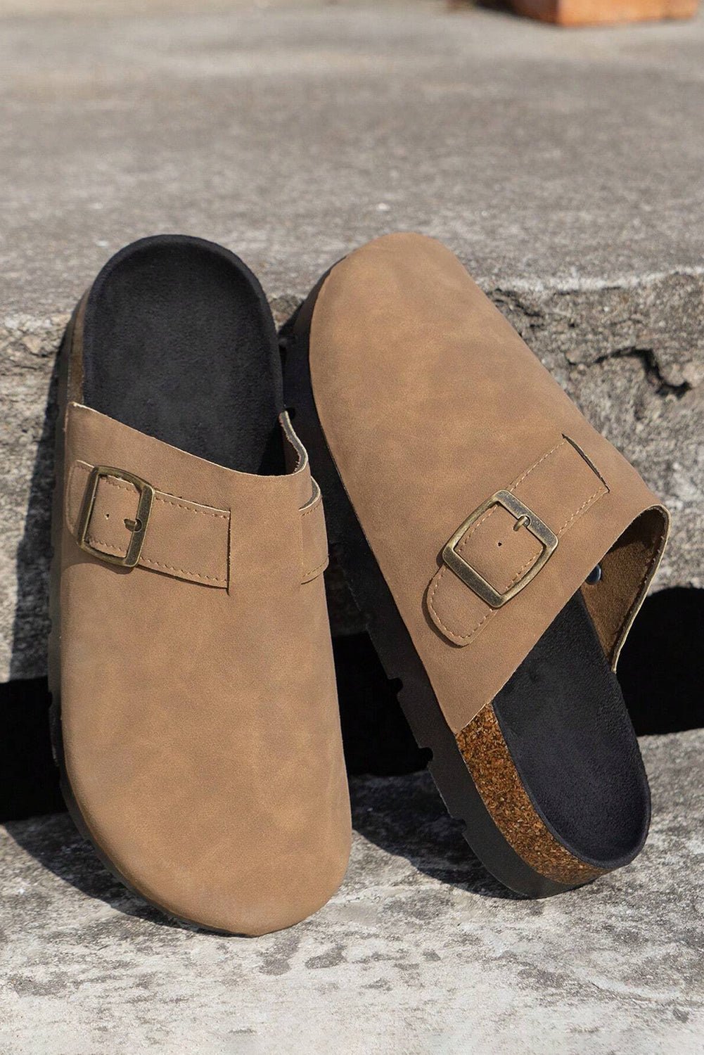 Light French Beige Suede Buckle Detail Slippers - Crowned Energy CO.