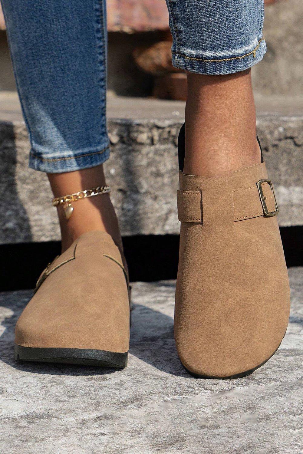 Light French Beige Suede Buckle Detail Slippers - Crowned Energy CO.