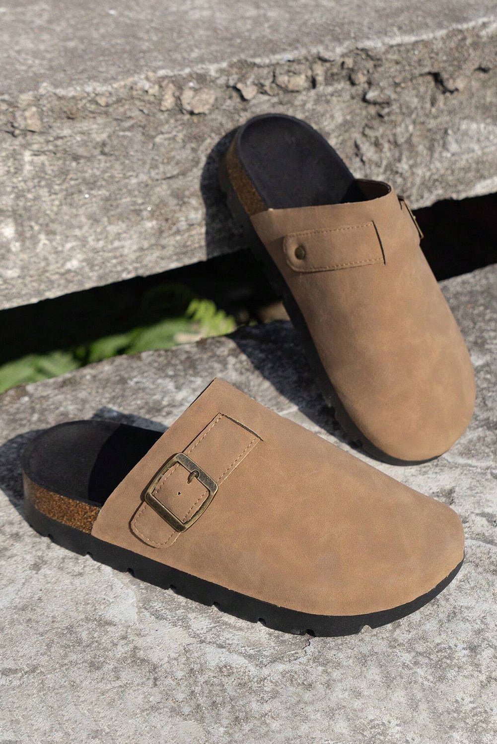 Light French Beige Suede Buckle Detail Slippers - Crowned Energy CO.