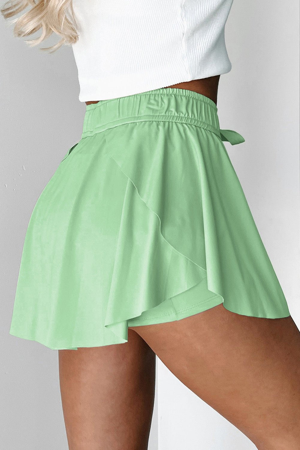 Light Green Drawstring Elastic Waistband Lined Tennis Skorts - Crowned Energy CO.