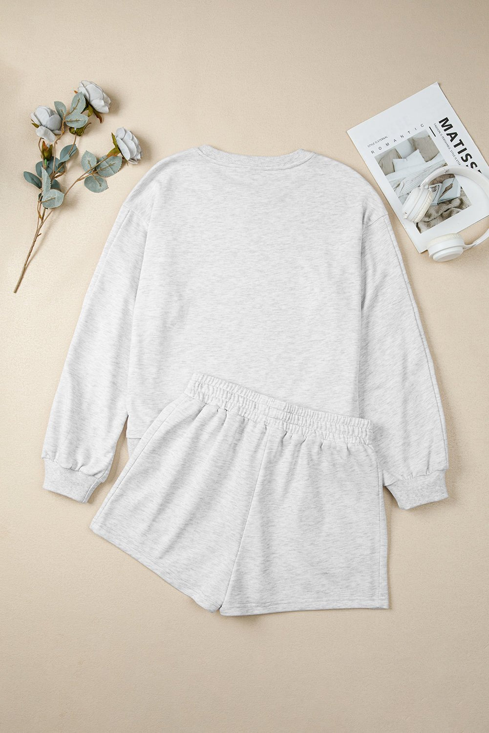 Crowned Energy CO. Light Grey / S / 65%Polyester+35%Cotton Dear-Lover Dropshipping Two Piece Sets/Short Sets Light Grey Girly Bow Embroidered Detail Puff Sleeve Pullover 2pcs Short Set