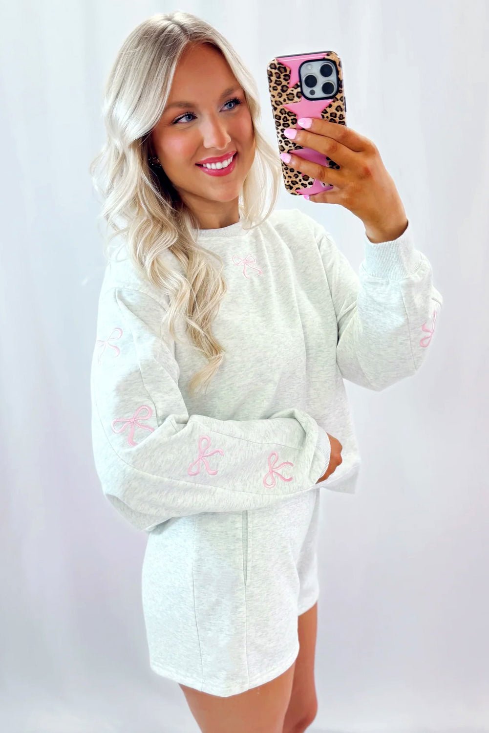 Crowned Energy CO. Light Grey / S / 65%Polyester+35%Cotton Dear-Lover Dropshipping Two Piece Sets/Short Sets Light Grey Girly Bow Embroidered Detail Puff Sleeve Pullover 2pcs Short Set