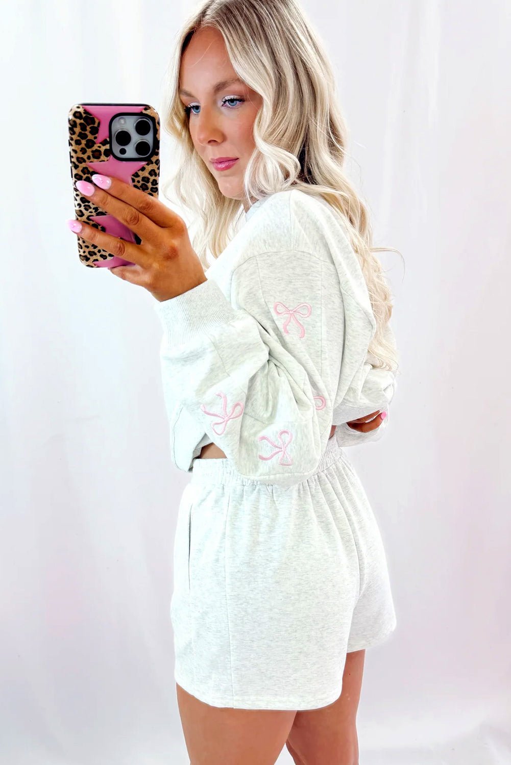 Crowned Energy CO. Light Grey / S / 65%Polyester+35%Cotton Dear-Lover Dropshipping Two Piece Sets/Short Sets Light Grey Girly Bow Embroidered Detail Puff Sleeve Pullover 2pcs Short Set