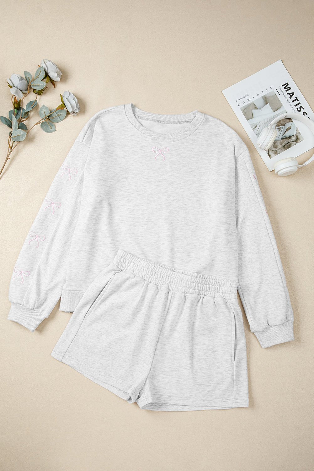 Crowned Energy CO. Light Grey / S / 65%Polyester+35%Cotton Dear-Lover Dropshipping Two Piece Sets/Short Sets Light Grey Girly Bow Embroidered Detail Puff Sleeve Pullover 2pcs Short Set