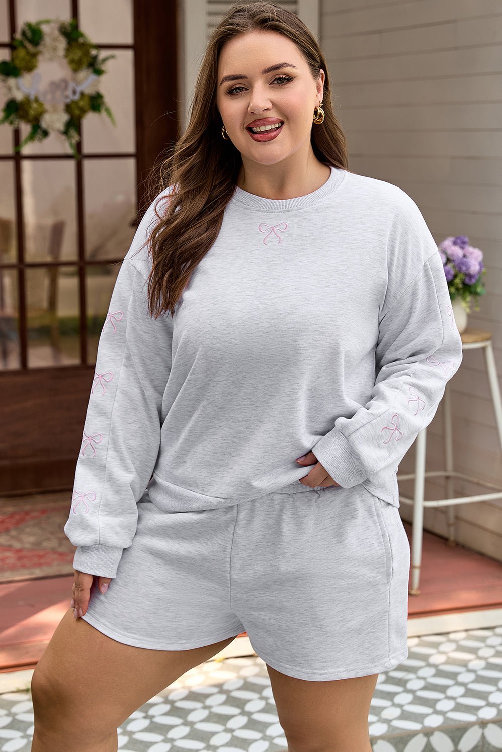 Light Grey Girly Bow Embroidered Puff Sleeve Pullover Loose Shorts Plus 2pcs Outfit - Crowned Energy CO.