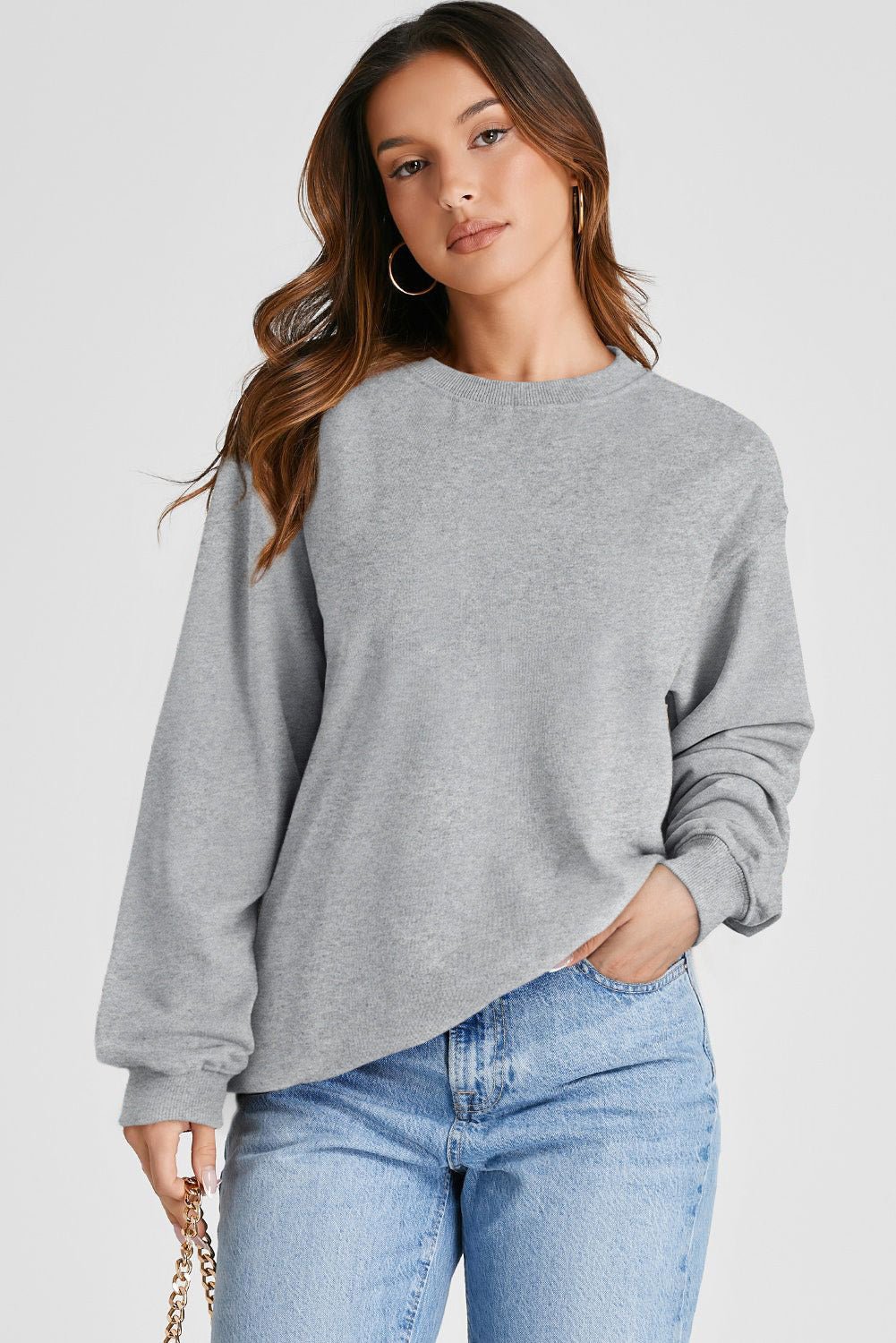 Light Grey Plain Drop Shoulder Crewneck Pullover Sweatshirt - Crowned Energy CO.