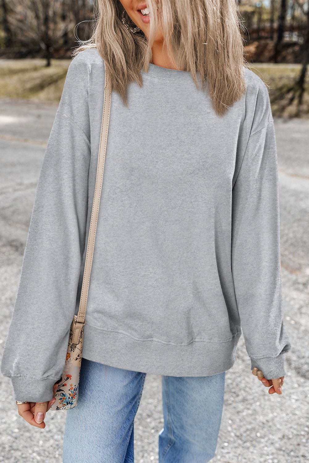 Light Grey Plain Drop Shoulder Crewneck Pullover Sweatshirt - Crowned Energy CO.