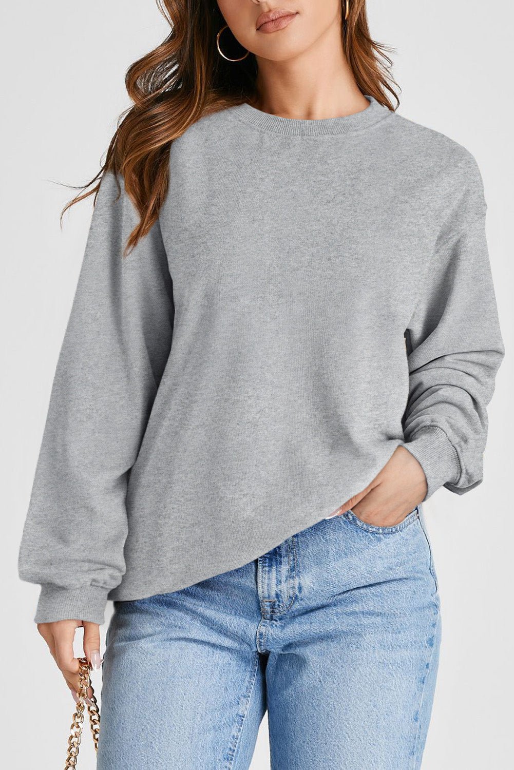 Light Grey Plain Drop Shoulder Crewneck Pullover Sweatshirt - Crowned Energy CO.