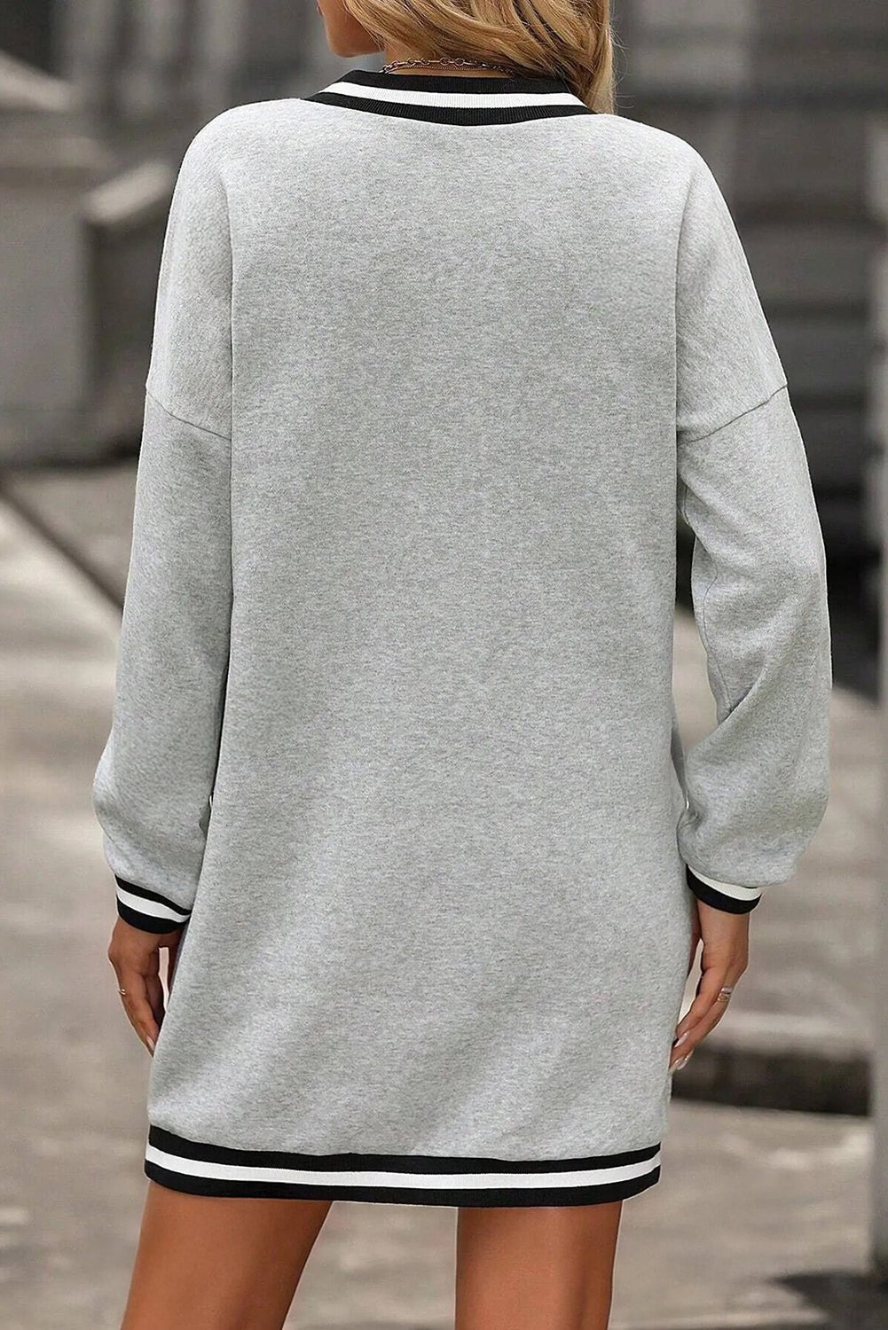 Light Grey Striped Trim V Neck Long Sleeve Preppy T Shirt Dress - Crowned Energy CO.