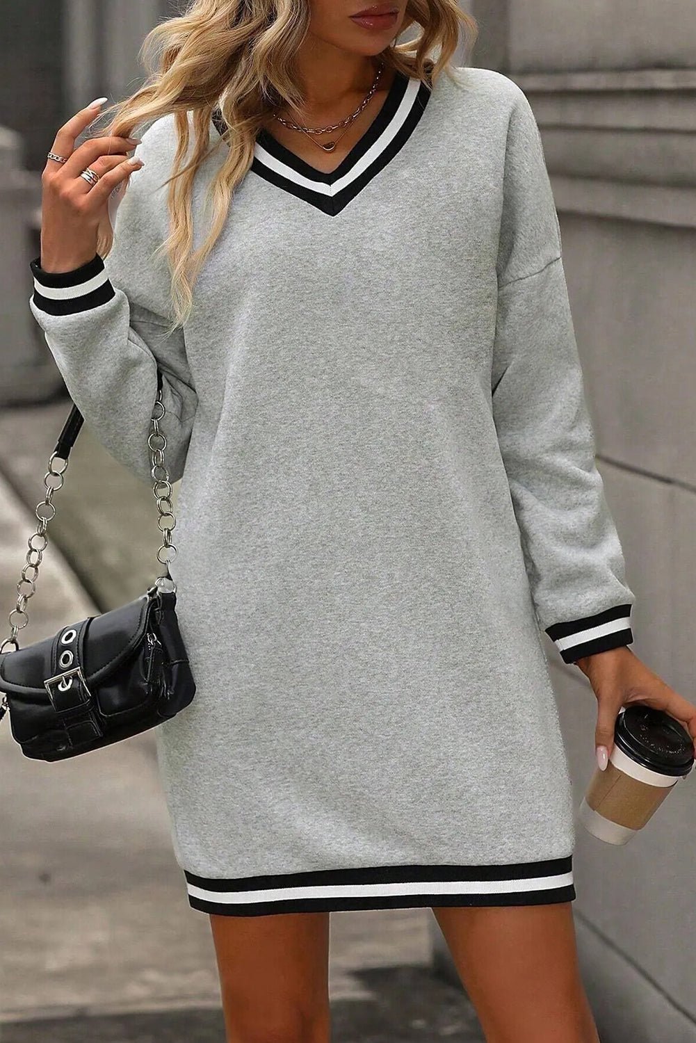 Light Grey Striped Trim V Neck Long Sleeve Preppy T Shirt Dress - Crowned Energy CO.