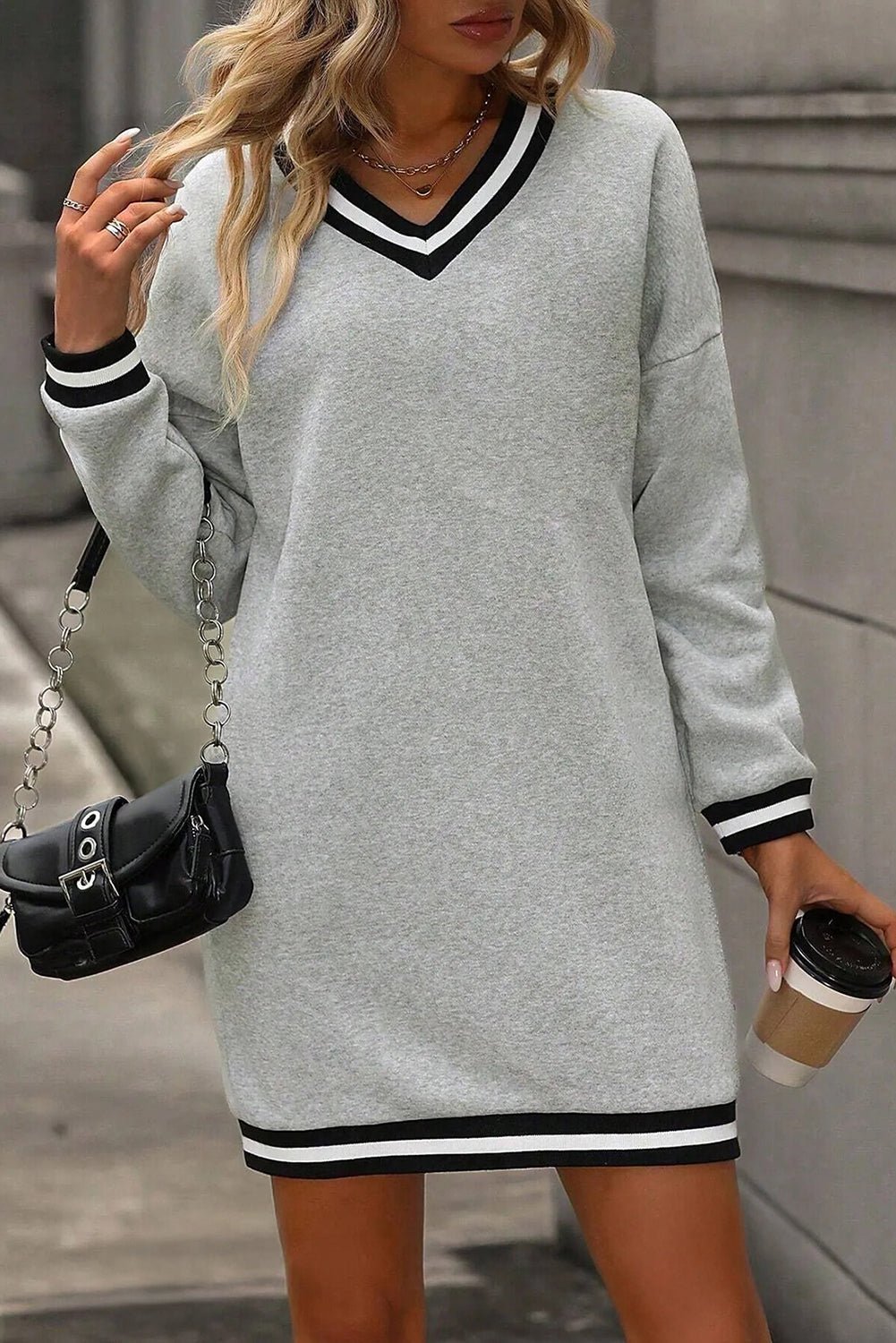 Light Grey Striped Trim V Neck Long Sleeve Preppy T Shirt Dress - Crowned Energy CO.