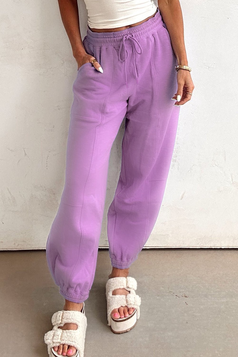 Crowned Energy CO. Lilac / S / 85%Cotton+15%Polyester Dear-Lover Dropshipping Bottoms/Pants & Culotte Lilac Drawstring Elastic Waistband Solid Color Jogger Pants
