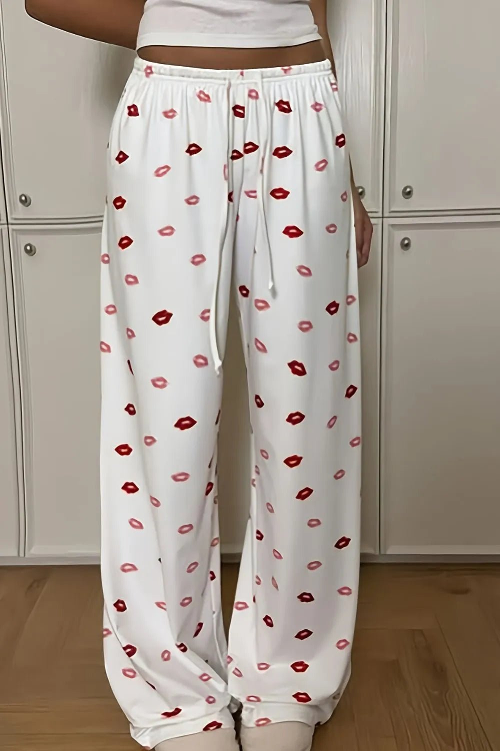 Crowned Energy CO. White / XS Trendsi Loungewear & Sleepwear/Loungewear Lips Print Wide Leg Pants