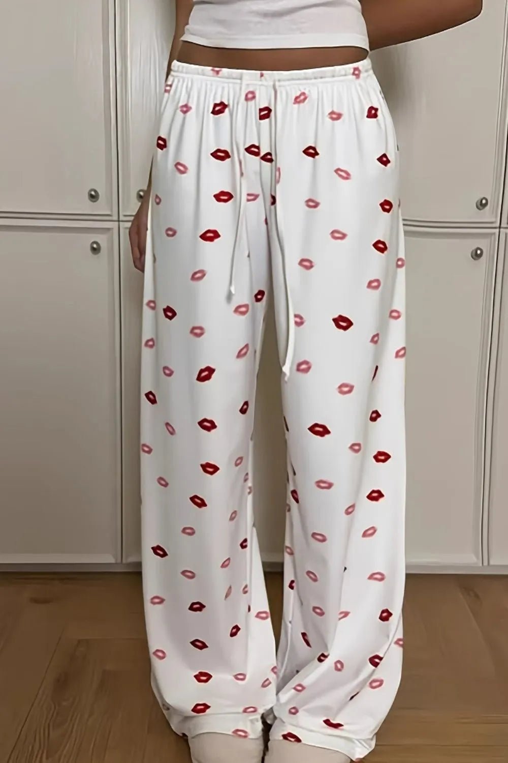Crowned Energy CO. White / XS Trendsi Loungewear & Sleepwear/Loungewear Lips Print Wide Leg Pants