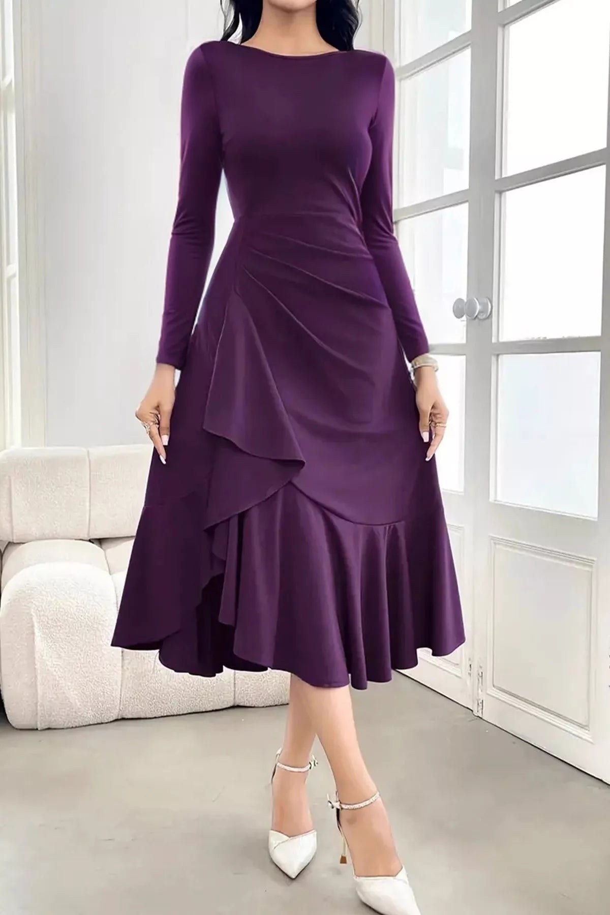 Crowned Energy CO. Purple / S Trendsi Dresses Long Sleeve Ruched Midi Dress with Asymmetrical Ruffle Hem