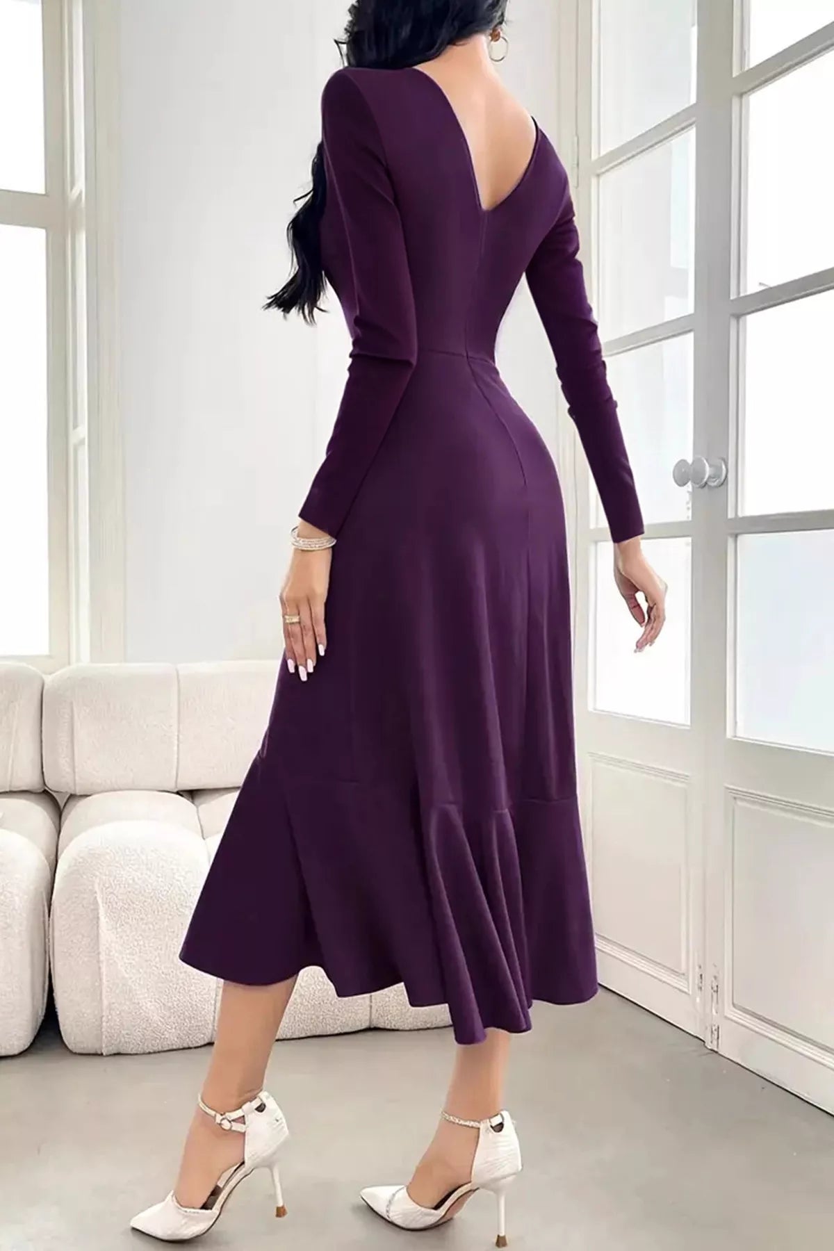 Crowned Energy CO. Purple / S Trendsi Dresses Long Sleeve Ruched Midi Dress with Asymmetrical Ruffle Hem