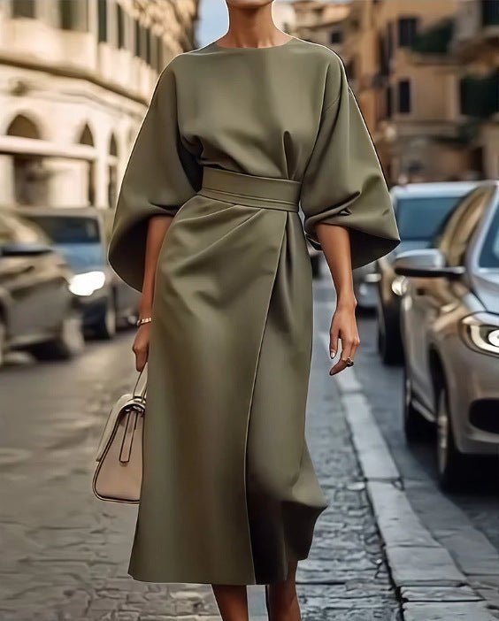Crowned Energy CO. Army Green / 3XL Goddess Vibes Dresses Loose Batwing Sleeve Dress Fashion Waist-tighted Solid Color Elegant Dresses For Women Clothing