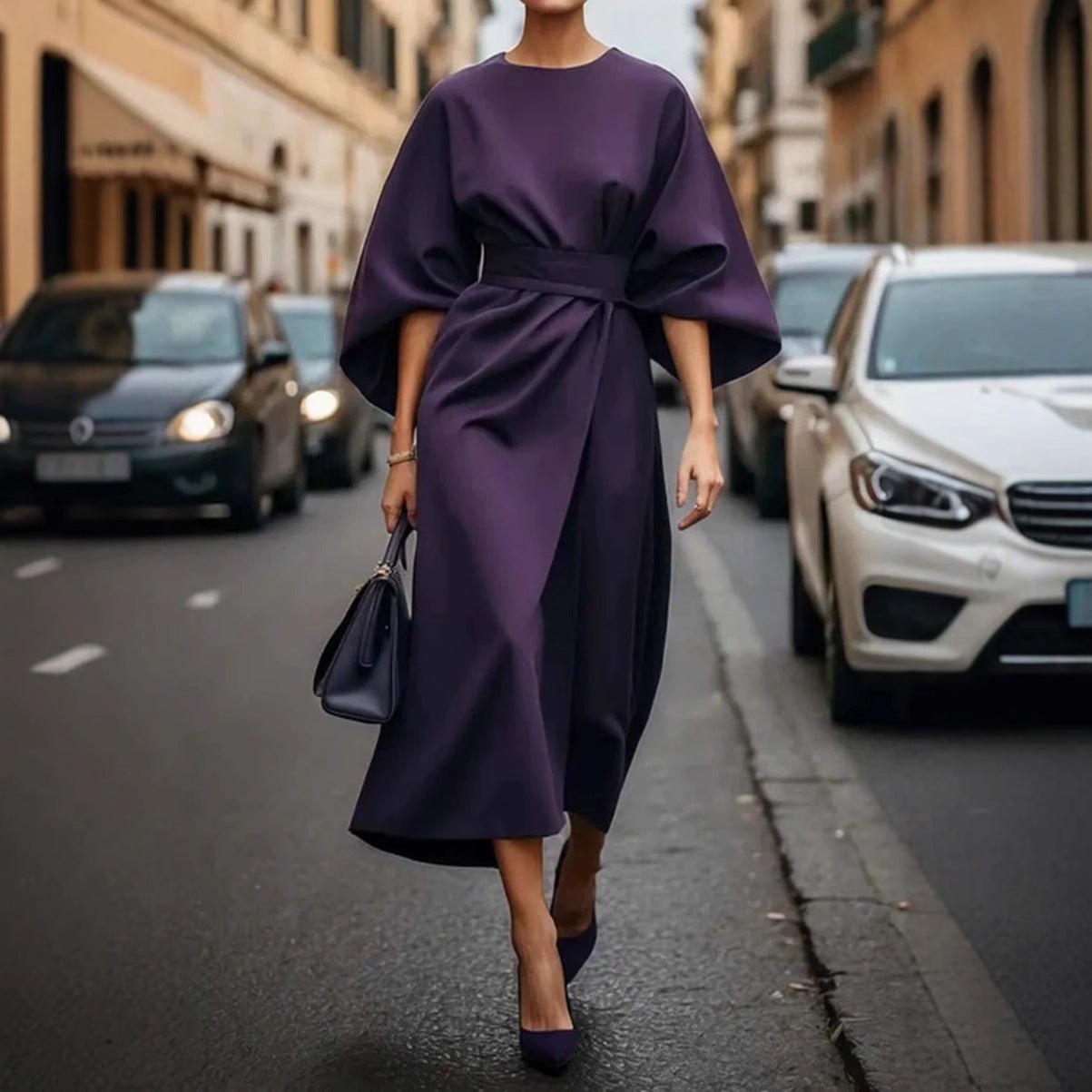 Crowned Energy CO. Purple / 3XL Goddess Vibes Dresses Loose Batwing Sleeve Dress Fashion Waist-tighted Solid Color Elegant Dresses For Women Clothing