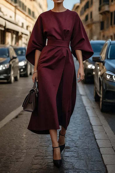 Crowned Energy CO. Wine Red / L Goddess Vibes Dresses Loose Batwing Sleeve Dress Fashion Waist-tighted Solid Color Elegant Dresses For Women Clothing
