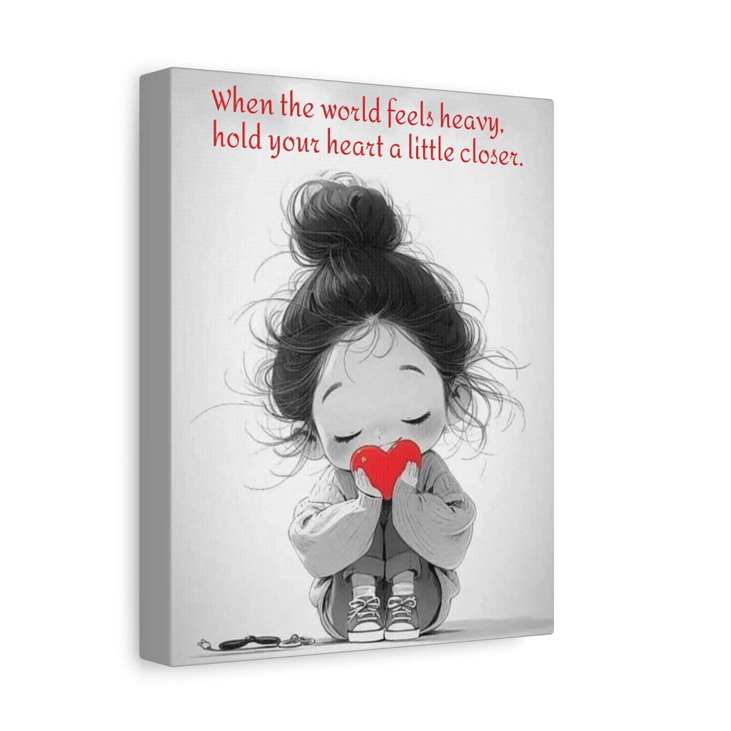 Matte Stretched Canvas Print — “When the world feels heavy, hold your heart a little closer” Cute Girl Holding Heart Wall Art - Crowned Energy CO.
