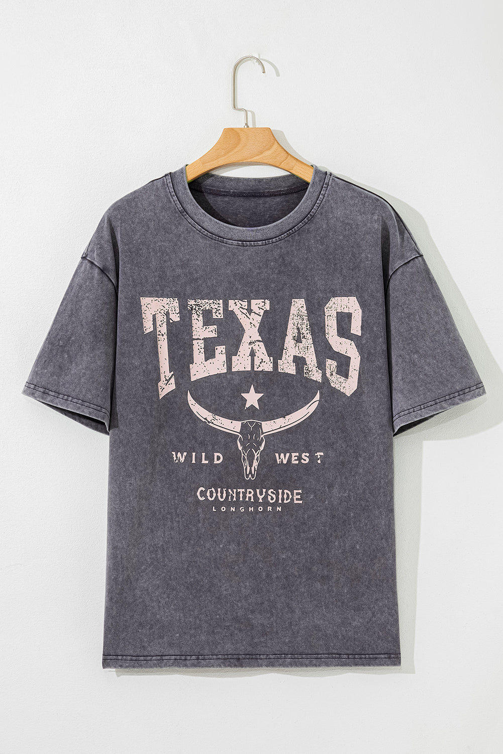 Medium Grey TEXAS Steer Head Graphic Mineral Wash Oversized T Shirt - Crowned Energy CO.
