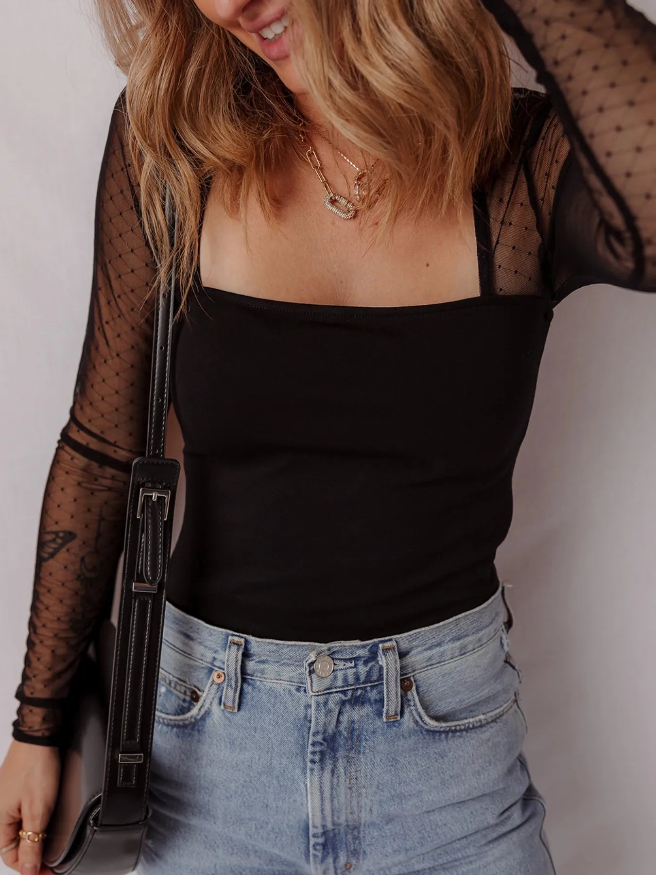 Mesh Sleeve Square Neck Bodysuit - Crowned Energy CO.