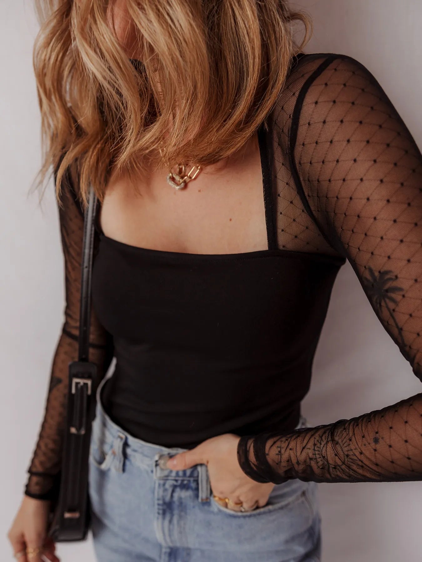Mesh Sleeve Square Neck Bodysuit - Crowned Energy CO.