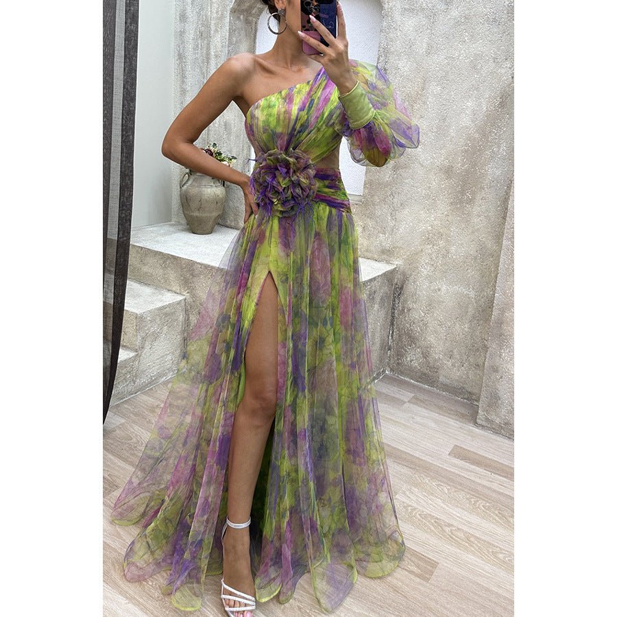 Crowned Energy CO. Green / L Goddess Vibes Dresses Mesh Tie-dye Printed Off-shoulder Slit Dress Summer INS Fashion Long Dress Party Womens Clothing